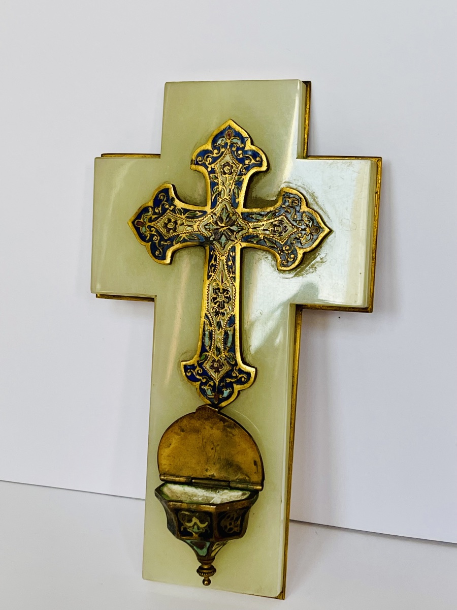 Bronze Cloisonné, Onyx, And Brass Holy Water Font -photo-4